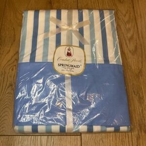 Vtg 70s Springmaid Combed Percale Cotton Twin Bed Sheet Stripe Blue White NOS